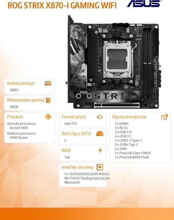 Image du produit ASUS ROG STRIX X870-I GAMING WIFI (mITX, X870, AM5, DDR5) (AM5, AMD X870, Mini-ITX)
