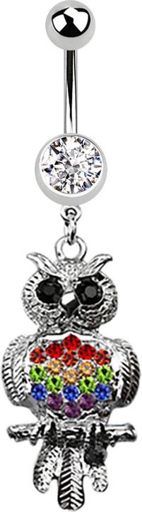 Star Piercing Banane silber mit Anhänger Eule schwarz und farbig (Chirurgenstahl 316L, ohne Messing)
