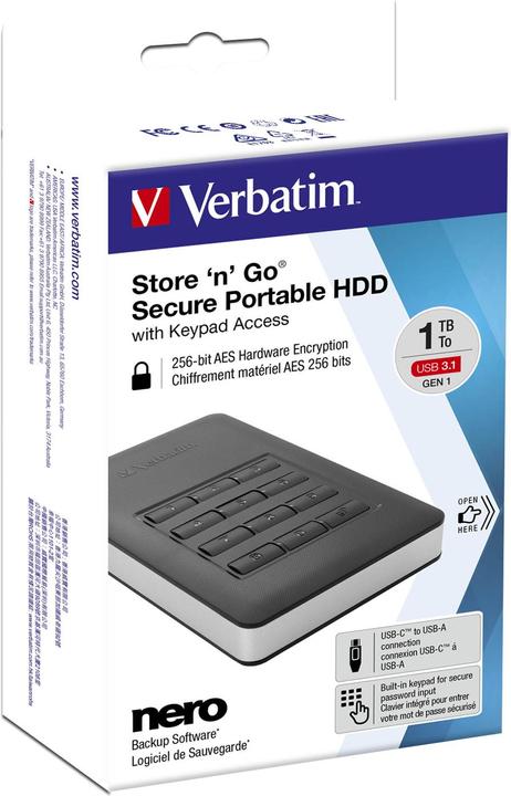 Immagine prodotto Verbatim unità HDD esterna USB 3.1 Secure (1 TB)