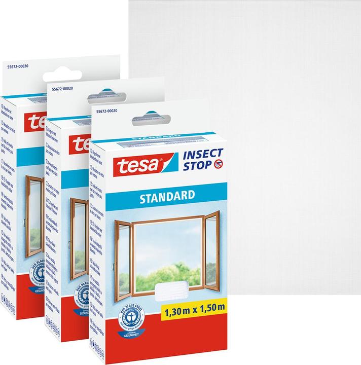 Produktbild tesa 3x Insektenschutz STANDARD für Fenster, mit Klettband, ohne Bohren (130 x 150 cm)