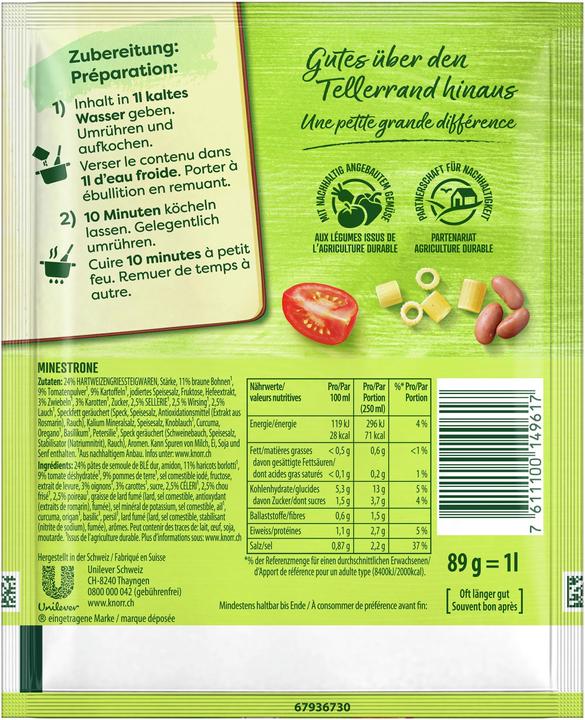 Nutritional values and ingredients Knorr Minestrone soup bag, soup classic from Italy with vegetables & fine beans, ready meal