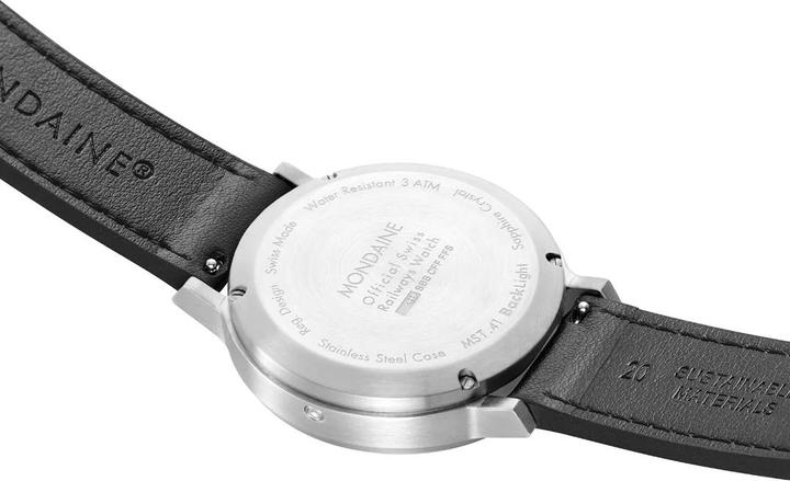 Actual product image Mondaine MST.4101B.LBV Stop2go Horloge - Station clock - Saffierglas - Staal/Kunstleer - Zilver/Zwart - 41 mm (41 mm)