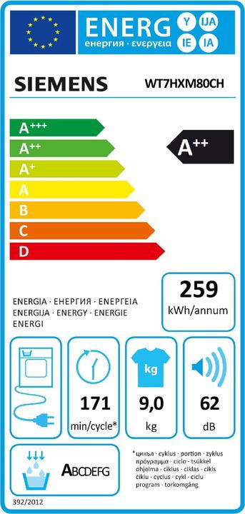 Energy Label Siemens iQ700 WT7HXM80CH (9 kg, Right, CH plug)
