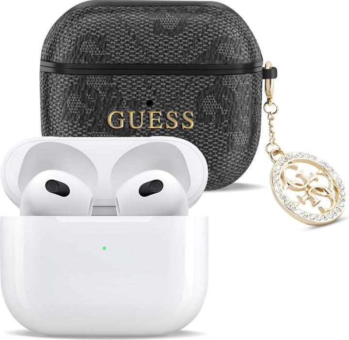 Guess Cover per Airpods 3 4G Script con ciondolo scintillante e abbellimento in strass (Manicotto per cuffie)