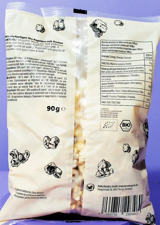 Nährwerte und Zutaten KoRo Verzehrfertiges Bio Popcorn mit Zucker und Salz (900 g)
