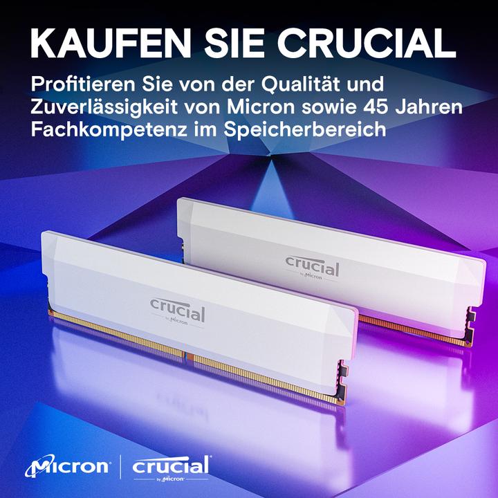 Produktbild Crucial Pro DDR5-6000 Kit 32GB 2x16GB UDIMM white Overclocking (2 x 16GB, 6000 MHz, DDR5-RAM, U-DIMM)