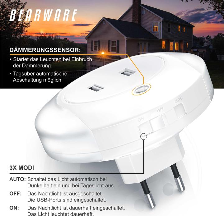 Produktbild Bearware LED Nachtlicht mit USB Ladefunktion warmweiss, Nachtlampe mit Helligkeits & Dämmerungssensor