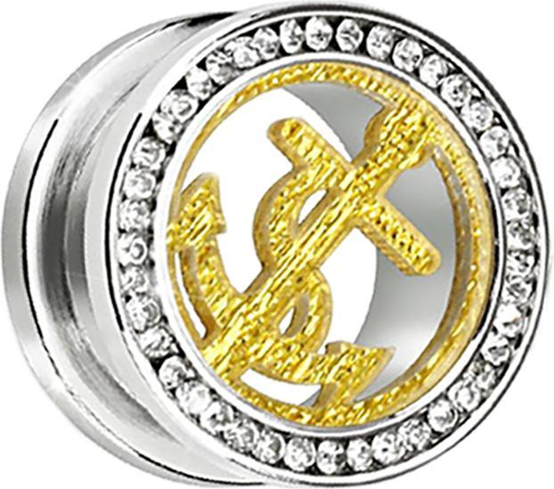 Star Piercing Flesh Tunnel silber mit Kristall silber und goldenem Anker (ohne Messing, Chirurgenstahl 316L)