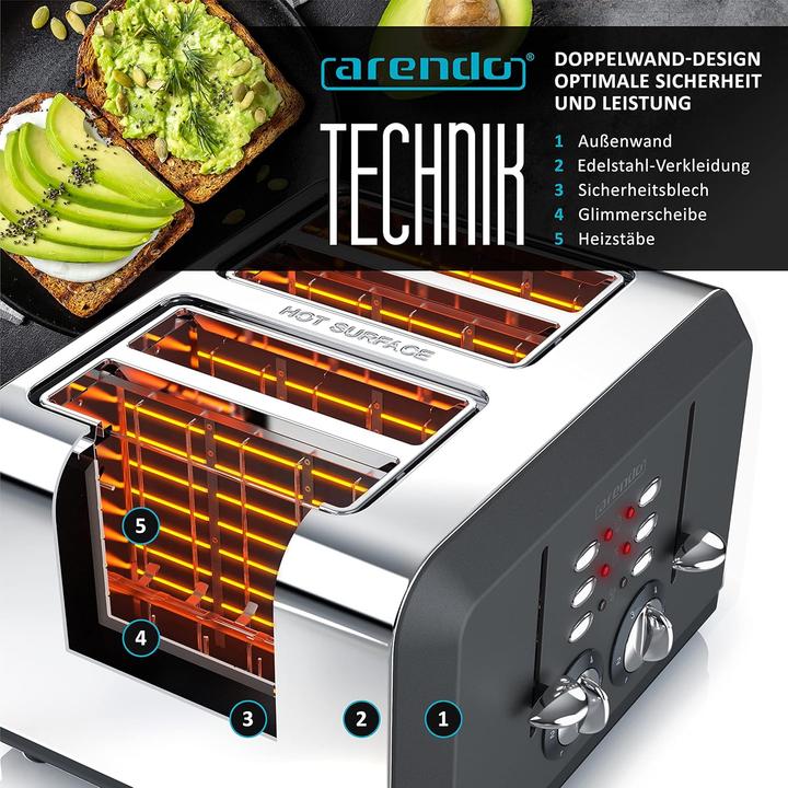 Immagine prodotto Arendo Breakfast X2 Toaster für 4 Scheiben, mit Auftau- Aufwärm- und Stoppfunktion