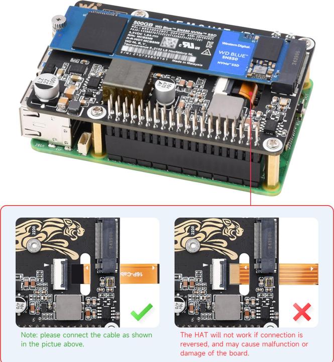 Image du produit WaveShare PCIe auf M.2 SSD HAT+ (B) mit PoE für Raspberry Pi 5