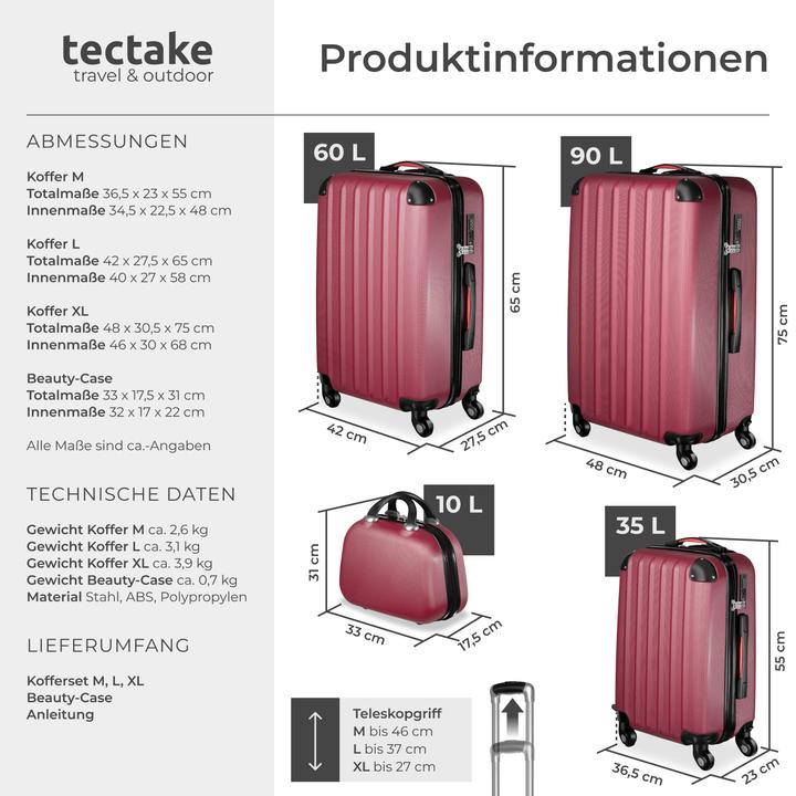 Produktbild tectake Hartschalenkoffer (90 l, Handgepäck (bis 50l), M (50 - 90l), L (90 - 115l))