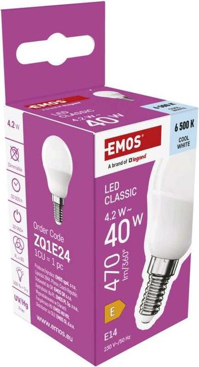 Produktbild Emos LED Lampe Classic Mini Globe / E14 / 4,2 W (40 W) / 470 lm / Kalt-Weiss (E14, 4.20 W, 470 lm, 1 x, E)