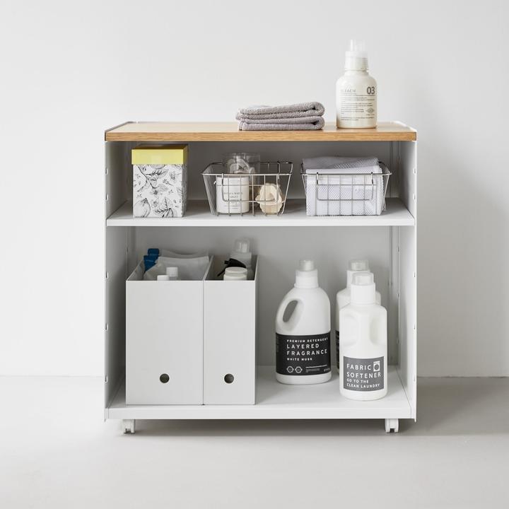 Actual product image Yamazaki Semi-enclosed storage trolley with wooden shelf TOWER (14.32 l)