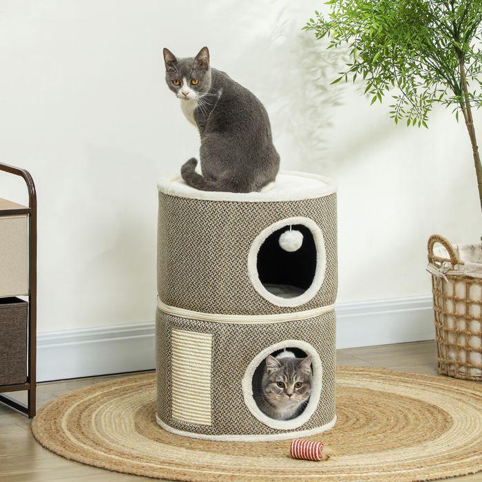 Produktbild Swisshandel24 Kratztonne 56 cm Hoch Katzentonne mit Höhle, aus Sisal, für Katze bis 5 kg (56 cm, Kaffee, Cremeweiss)