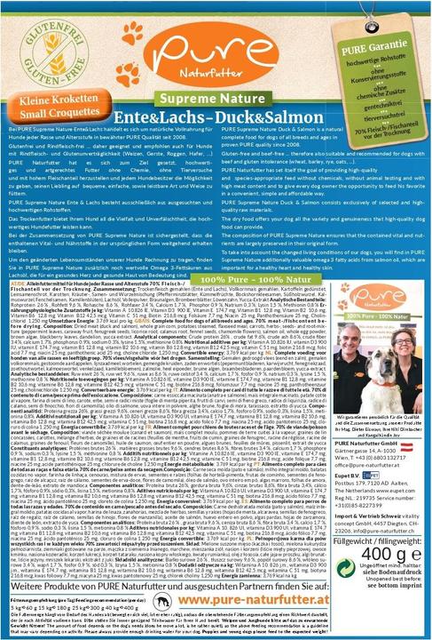 Actual product image Pure Naturfutter PURE Supreme Duck & Salmon - for small dog breeds, 400 g (Adult, 1 pcs., 400 g)