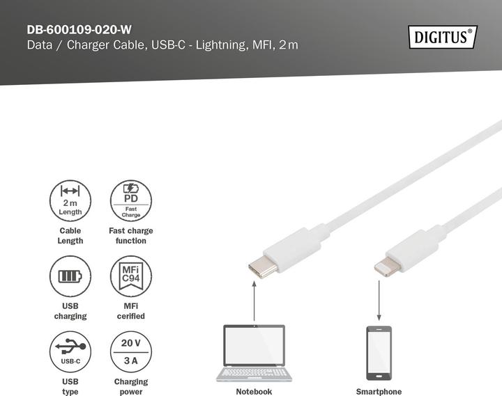 Produktbild Digitus USB Typ C – Lightning (2 m, USB 2.0, 18 W)