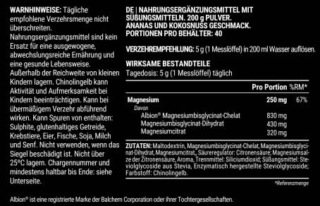 Nährwerte und Zutaten Pillar Performance Pulver Triple Magnesium Ananas/Kokos 200 g (Ananas, Kokos, 20 Stk., 200 g)
