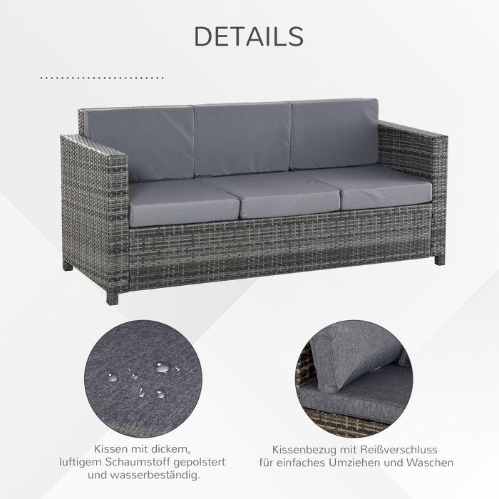 Produktbild Swisshandel24 Poly-Rattan Sofa mit Kissen 3-Sitzer Garten Loungesofa Metall Polyester Grau 185 x 70 x 80 cm