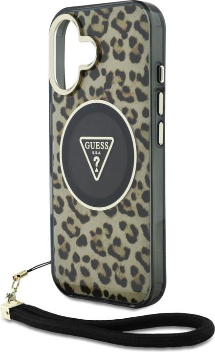 Actual product image Guess HC IML Leopard Triangle Cord Strap MagSafe iPhone 16 Case - Brown (Apple iPhone 16)