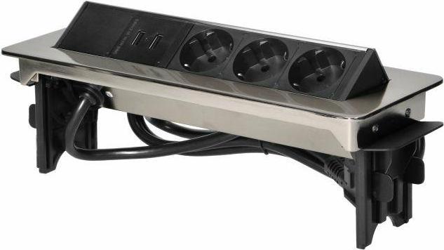 Produktbild Orno In die Tischplatte eingelassene Möbelsteckdose im vernickelten Gehäuse mit USB-Ladegerät und 1,8 m K (3 x, CEE 7/3)