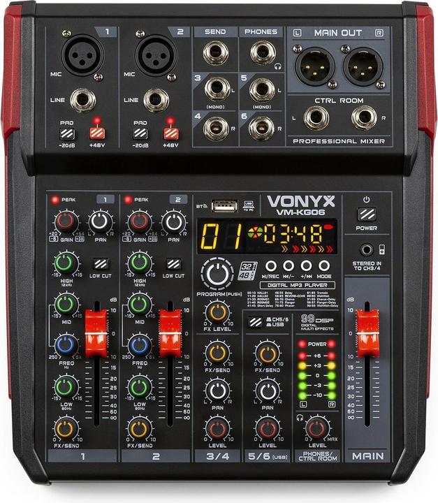 Actual product image Vonyx VM-KG06 - 6-kanaals mengpaneel Bluetooth, DSP, mp3 speler en USB audio interface (Studio- and Livemixer)