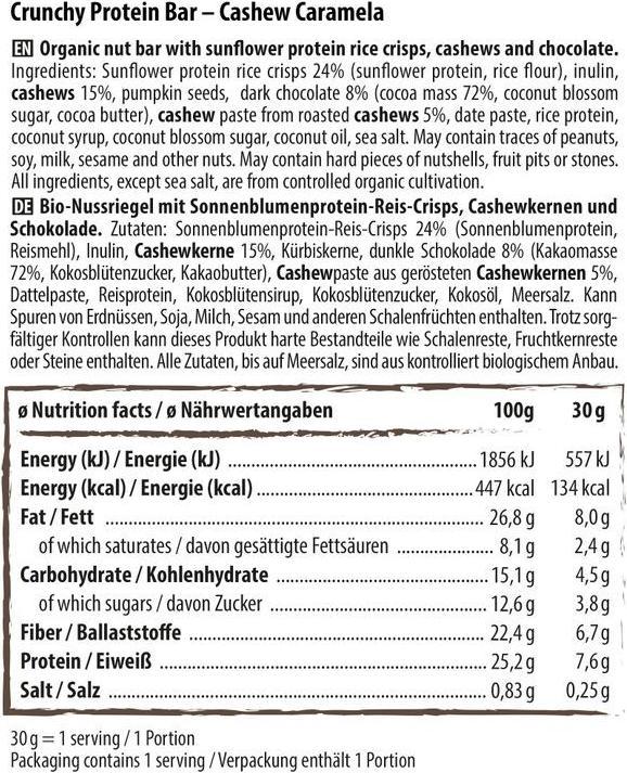 Nutritional values and ingredients Naturally Pam Crunchy Protein Bar CASHEW CARAMELA by Pamela Reif Box (Cashew Caramela, 360 g)
