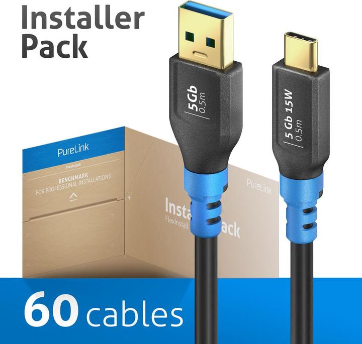 Produktbild Purelink FlexInstall USB-C auf USB-A Kabel USB 3.0 5Gbps 0.50m - Installer Pack 60 stk. (0.50 m, USB 3.2 Gen 1, 15 W)