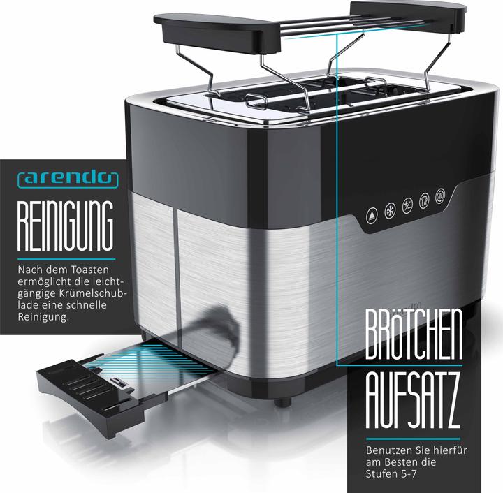 Produktbild Arendo Toaster für 2 Scheiben, breite Schlitze, 920 W, Doppelwand, Brötchenaufsatz, Krümelschublade