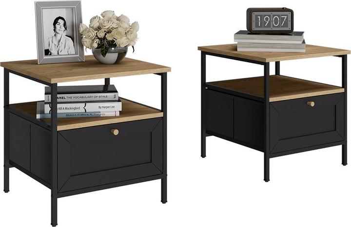 Vichy Nightstand Lunis, Black, 45 x 47 cm Set of 2 (45 x 47 x 45 cm)