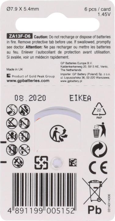Actual product image GP Batteries GP Knopfzelle ZA13, 1.4V, 6 Stk. (6 pcs., PR48, 290 mAh)