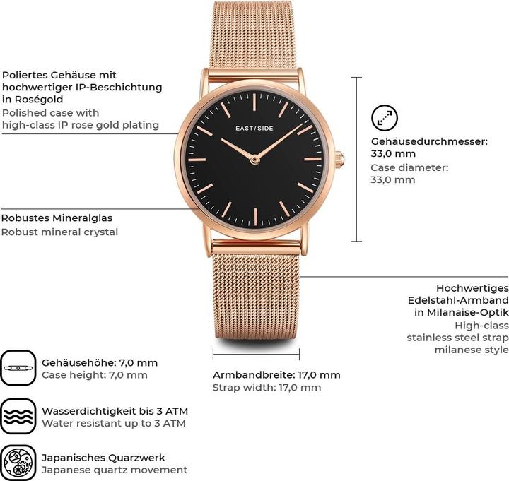 Immagine prodotto Eastside Orologio al quarzo da donna Cassina in acciaio inossidabile oro rosa - 9742 (Orologio da polso analogico, 33 mm)