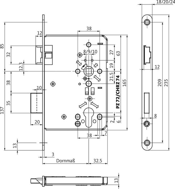 Produktbild BKS Behörden-Einsteckschloss 0615 PZW 20/65/72/8 mm DIN links Edelstahl abgerundet Klasse 5