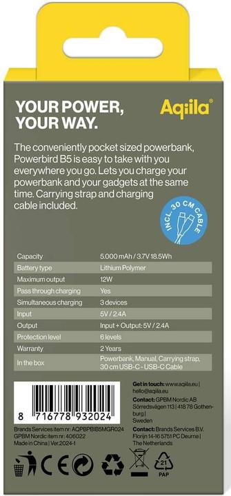 Immagine prodotto Aqiila Powerbird B5B - Powerbank 5000 mAh, 12W - Muschio (5000 mAh, 12 W, 18.50 Wh)
