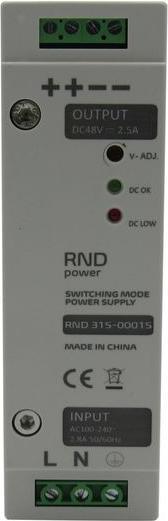 Actual product image RND AC/DC DIN rail mount power supply, 86%, 48V, 2.5A, 120W, Adjustable