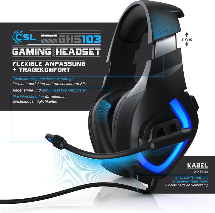 Immagine prodotto CSL Cuffia da gioco con microfono, cuffie per Windows/Mac/Linux /PS4/PS4 Pro (Cablato)