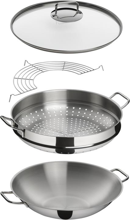 Productafbeelding WMF Wok Set 4st Wok Pan 36cm 4,5l Glazen Deksel Inductie Roestvrij Staal (36 cm, Wokpan, Roestvrij staal)