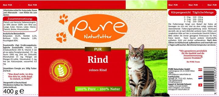 Valori nutrizionali e ingredienti Pure Naturfutter Menu gatto PUR carne di manzo in scatola (Adulto, 1 pz., 400 g)