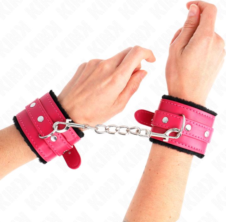 Actual product image Kink PREMIUM FURNISHED Wrist Cuffs BLACK ADJUSTABLE WITH RASPBERRY ROSE BELT 17-29