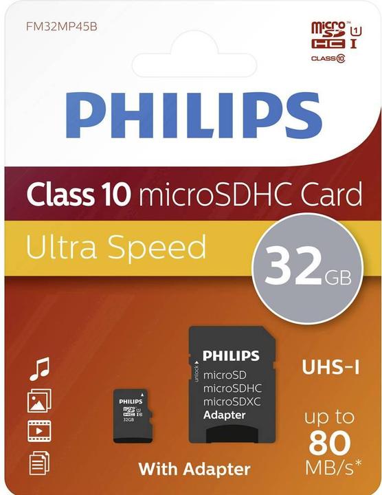 Image du produit Philips MicroSDHC Class 10 UHS-I U1 avec adaptateur (16 Go, microSDHC, U1, UHS-I)