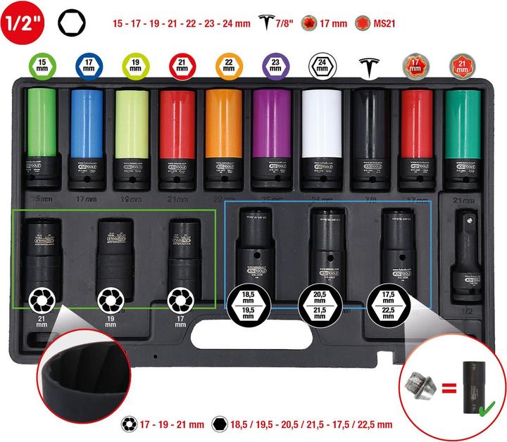 KS Tools 1/2 MASTER Spezial-Kraft-Stecknuss-Satz für Radverschraubungen, 17-tlg
