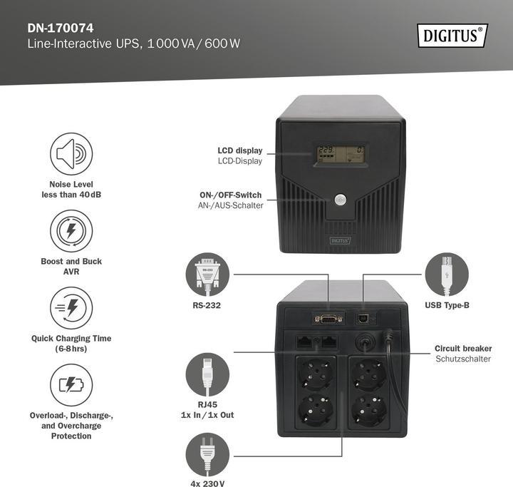 Immagine prodotto Digitus Line Interactive UPS 1000VA/600W nero con LCD 4xSchuko RJ11/RJ45 1xRS232 1xUSB AVR H160xW350xD... (1000 VA, 600 W, Interattivo linea UPS)