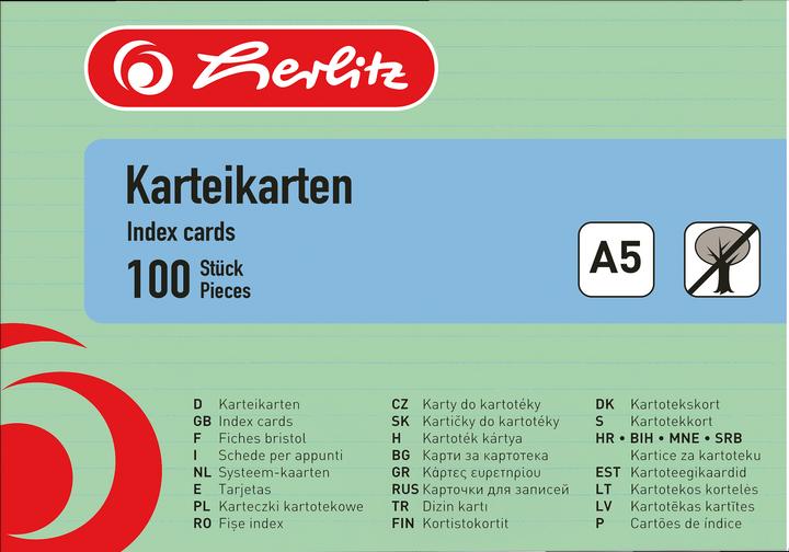 Valeurs nutritives et ingrédients Herlitz Fiches, DIN A5, lignées, papier vert, 170 g/m², sans bois, couleur de la ligne : bleu, double (A5, 170 g/m², 100 x)