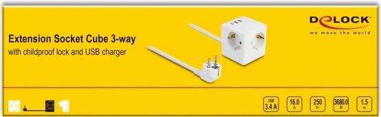 Productafbeelding Delock Stopcontactkubus met verlengkabel 3-voudig met kinderslot en USB-oplader 1,5m kabel (3 x, CEE 7/3, 1.50 m)