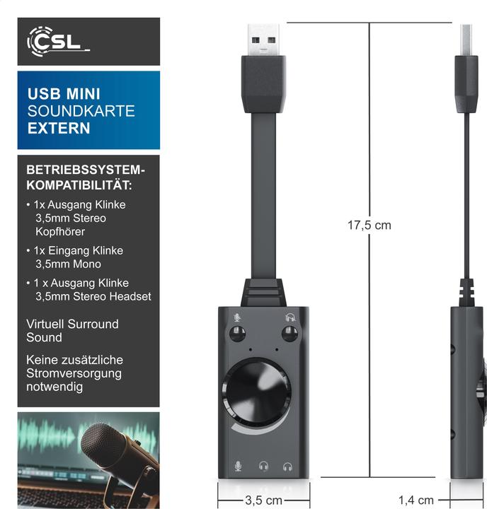 Immagine prodotto CSL Scheda audio USB con suono surround, mini scheda audio USB esterna con controllo del volume (USB 2.0)