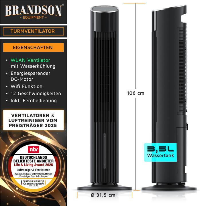 Immagine prodotto Brandson Mobiler Luftkühler mit Wasserkühlung, Klimagerät, 60W, WIFI, Verdunstungskühler, Turmventilator