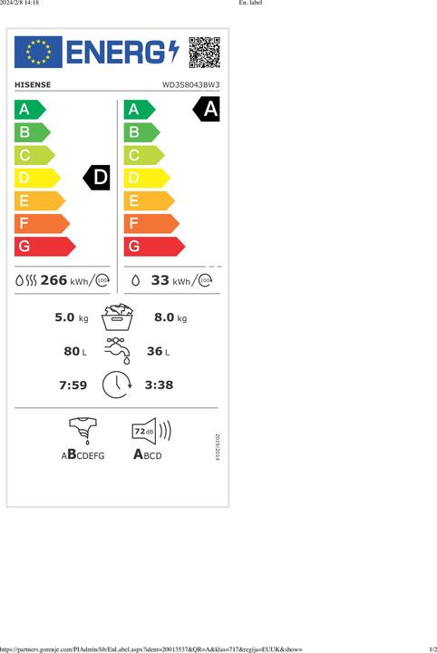 Etichetta energetica Hisense WD3S8043BW3 Lavasciuga a libera installazione 8Kg