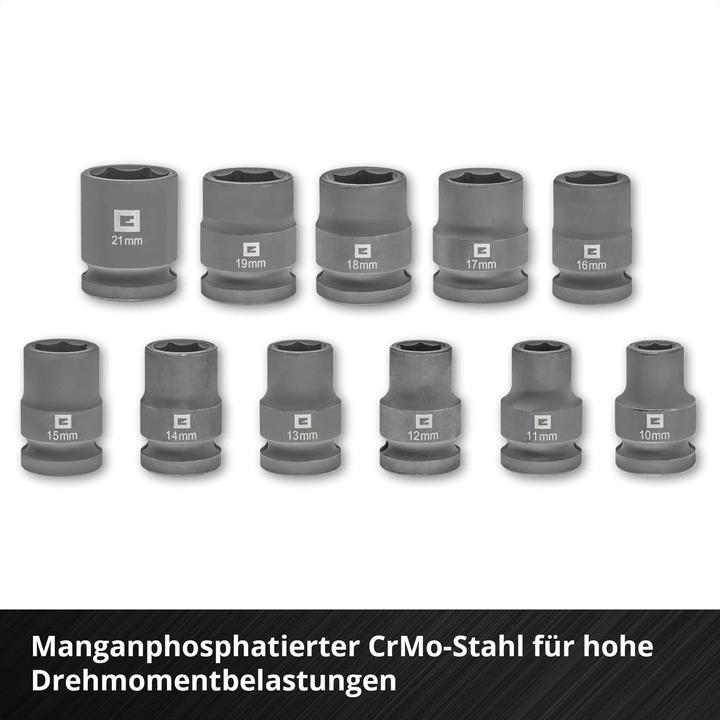 Actual product image Einhell Impact Stecknuss-Set, 109283, 12-teilig (18 mm, 15 mm, 11 mm, 21 mm, 16 mm, 12 mm, 14 mm, 17 mm, 13 mm, 19 mm, 10 mm)