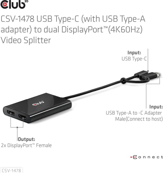 Actual product image Club 3D Club3D Adapter USB-C > 2x DP 4K@60Hz with USB-A Adapter St/Bu retail (USB-A, 27.50 cm)
