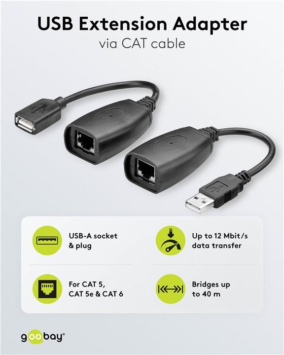 Produktbild Goobay USB Extension Ethernet 40,0m- Kabel Converter USB > RJ45 Line Extender (CAT5) (2 m, USB 1.1)