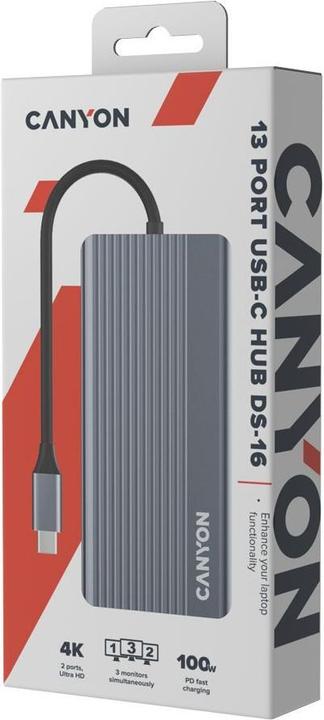 Immagine prodotto Canyon HUB USB-13-in1 USB-C > 2xHDMI/1xDP/4xUSB/RJ45/SD/Aud. retail (USB-C, 4 Porti)